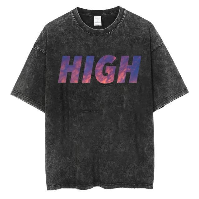 Cotton Oversized T-Shirt High Print Unisex Drop Shoulder Dye Washed Street Look Black